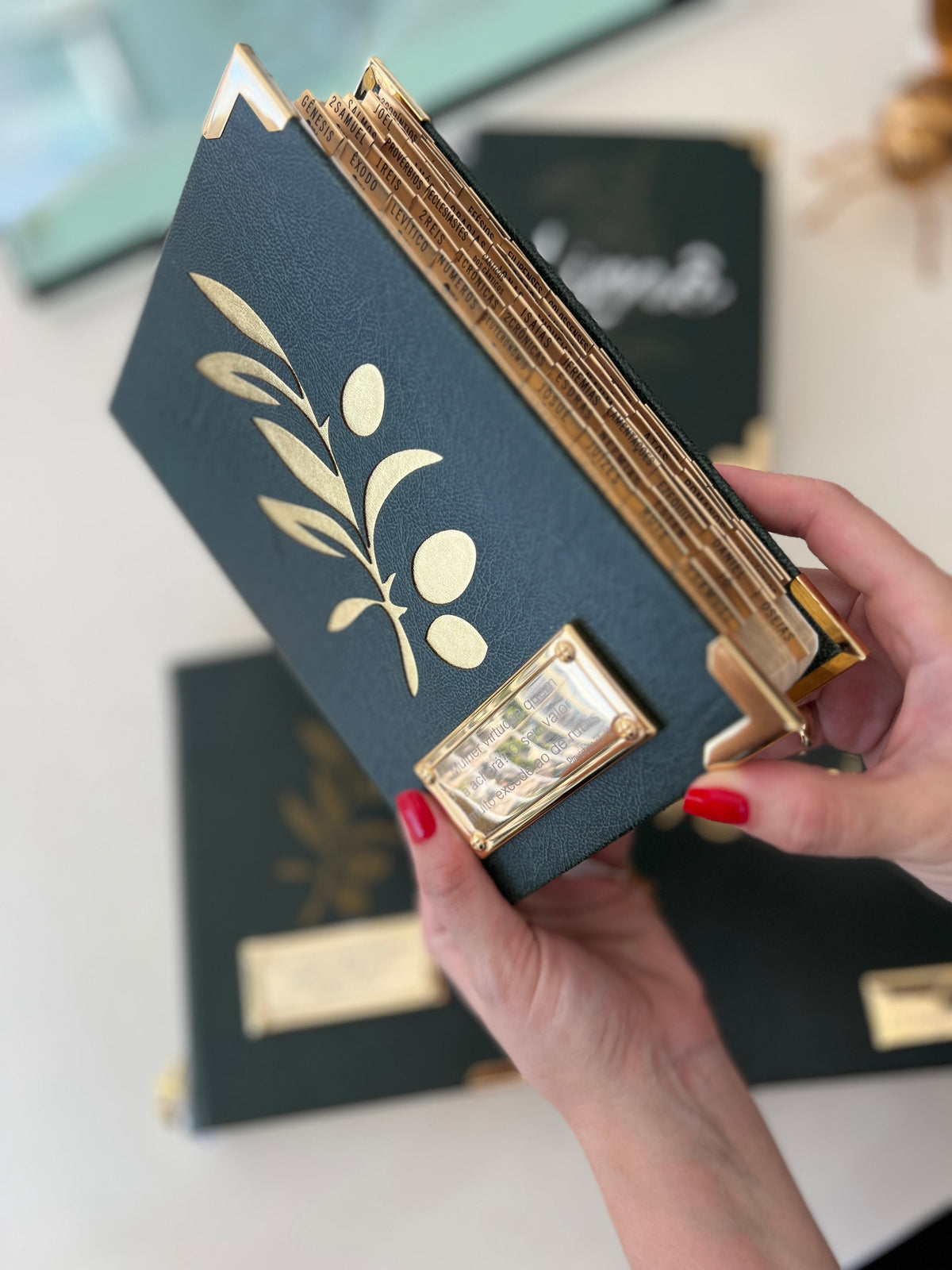 Combo Bíblia Courino Oliva com Oliveira Dourada vazado + Cartela de índices Dourada+ Placa Grande Dourada