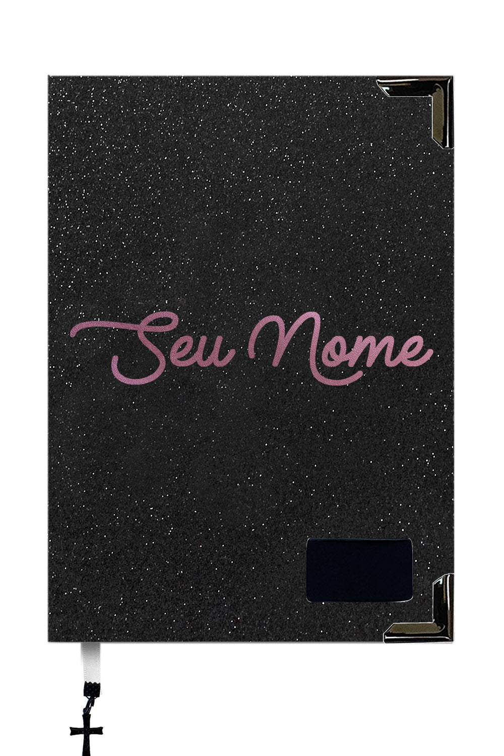 Bíblia Glitter Mar Negro com Nome personalizado em Rosa