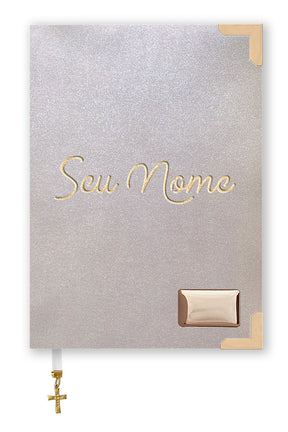 Bíblia Glitter Branco com Nome personalizado em Dourado