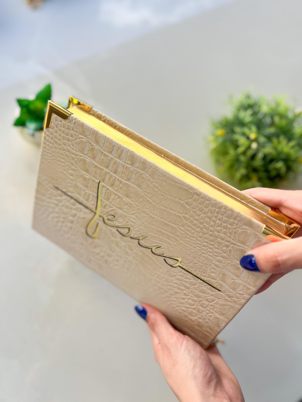 Black Bíblia Couro Nude com Jesus vazado dourado